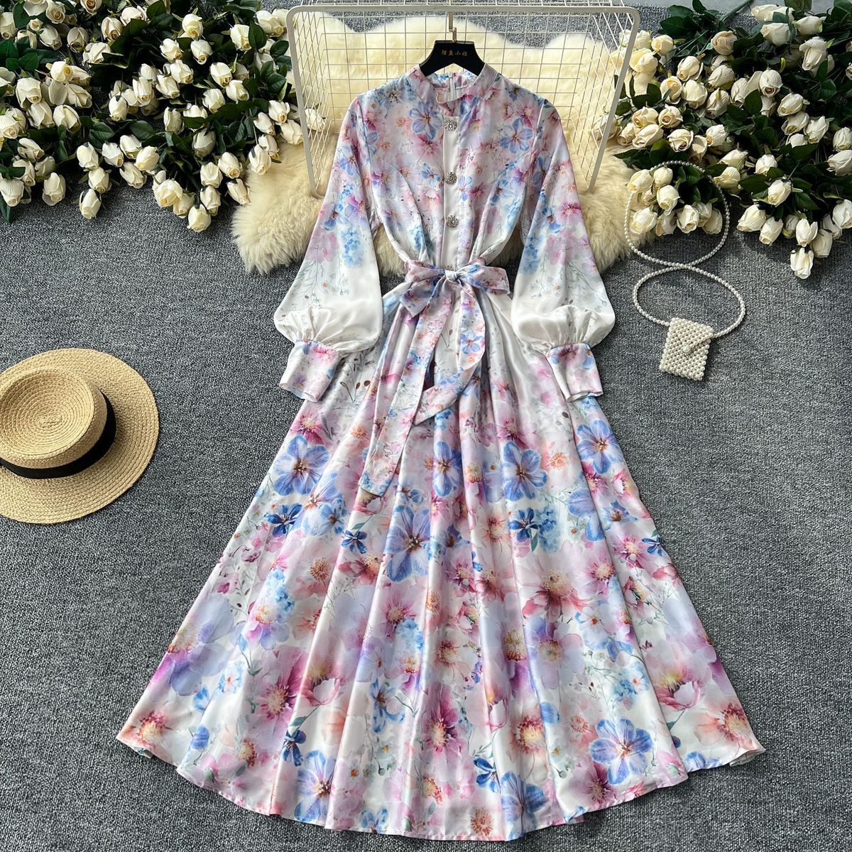 Women Fashion Elegant Floral Printed Lantern Long-Sleeve Lace-Up Dress