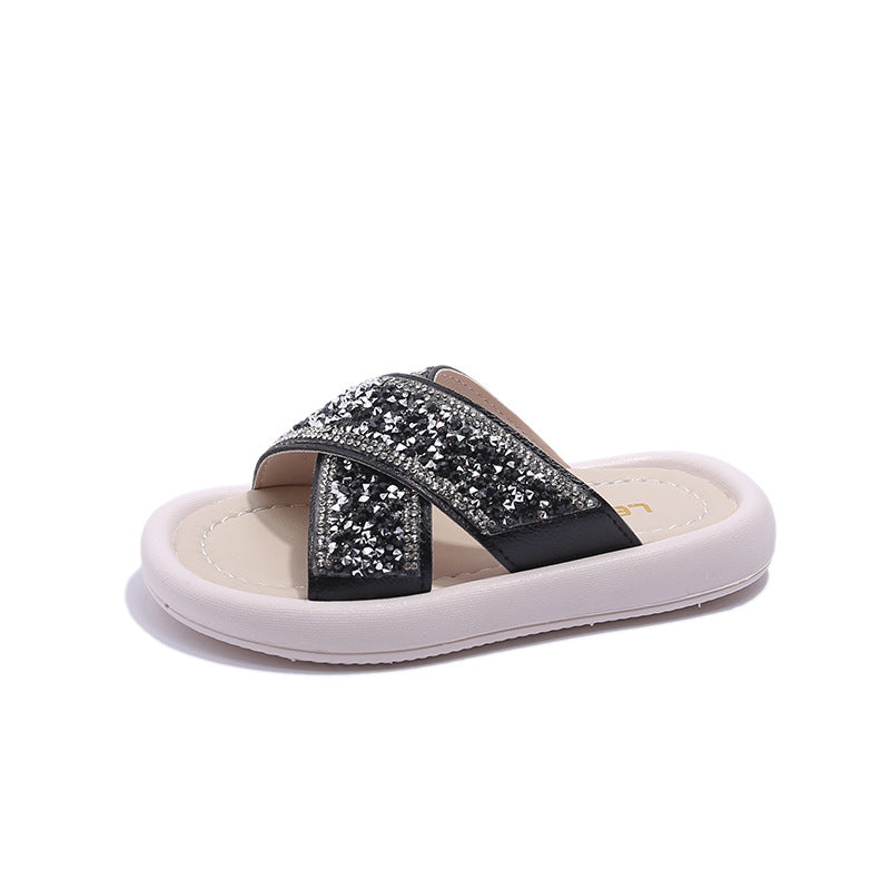 Kids Girls Casual Cute Rhinestone Flat Thick-Soled Slippers