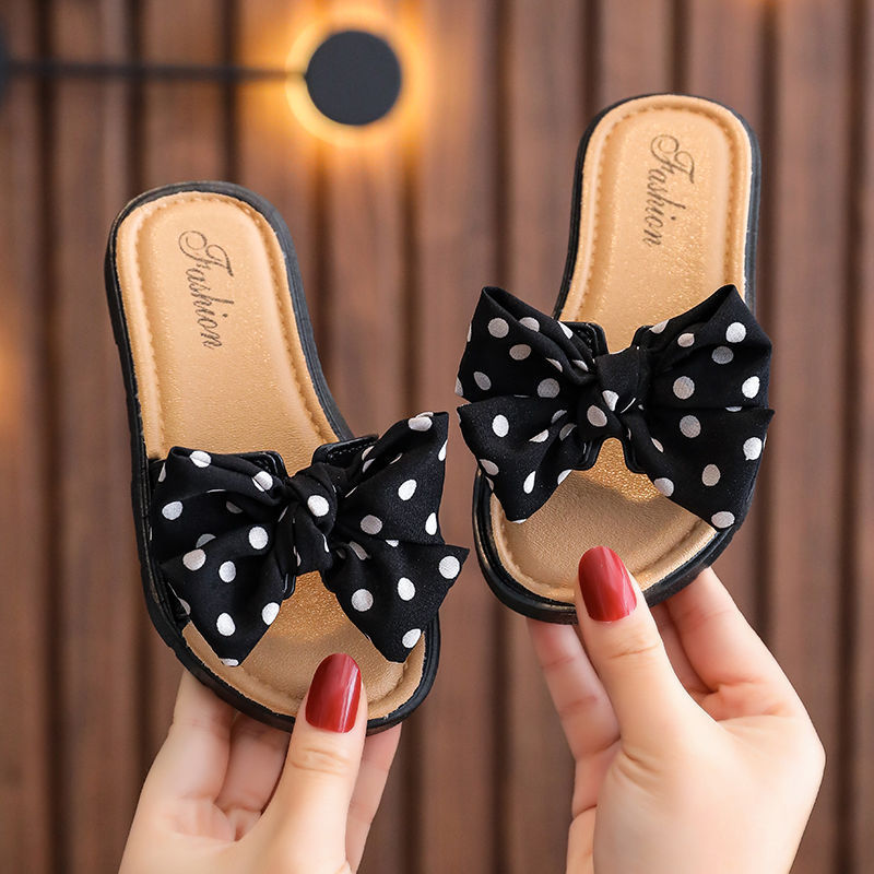 Girls Sweet Polka Dot Big Bow Non-slip Soft Bottom Slippers