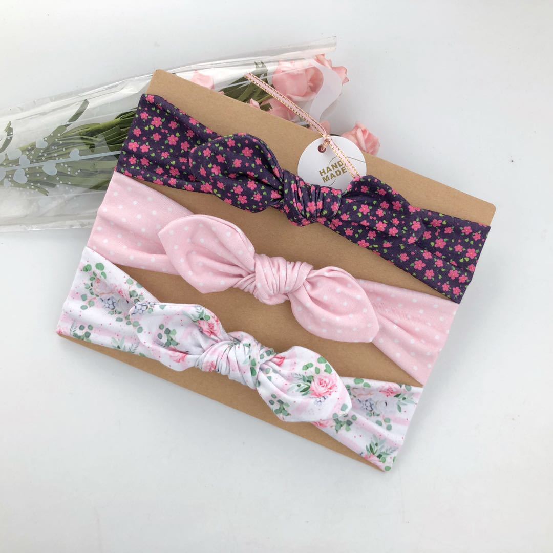 3pcs/set Kids Basic All Over Print Bow Rabbit Ear Headband