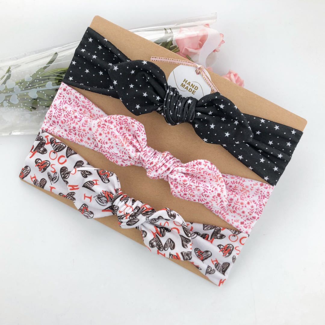3pcs/set Kids Basic All Over Print Bow Rabbit Ear Headband
