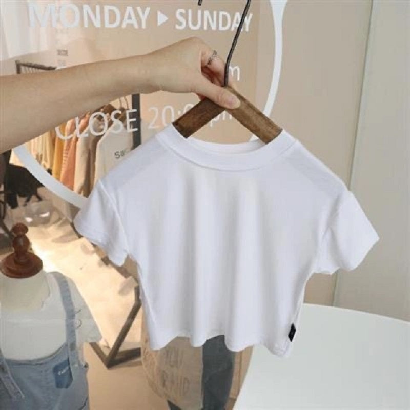 Kids Girls Simple Solid Color Round Neck Short Sleeve Loose T-shirt