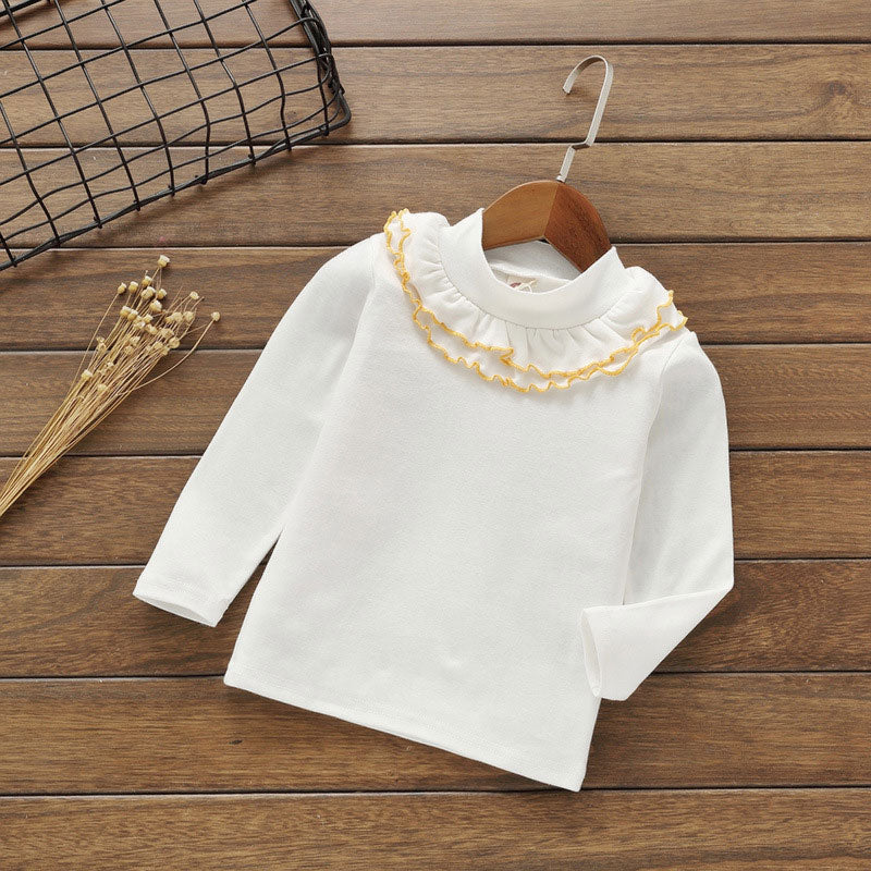 Girls Basic Solid Color Round Neck Long Sleeve Ruffled T-shirt