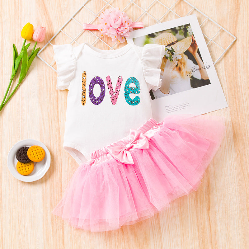 Toddlers Newborn Baby Valentine'S Day Girls Ruffle Sleeved Print Bodysuit And Mesh Skirt Headband 3pcs