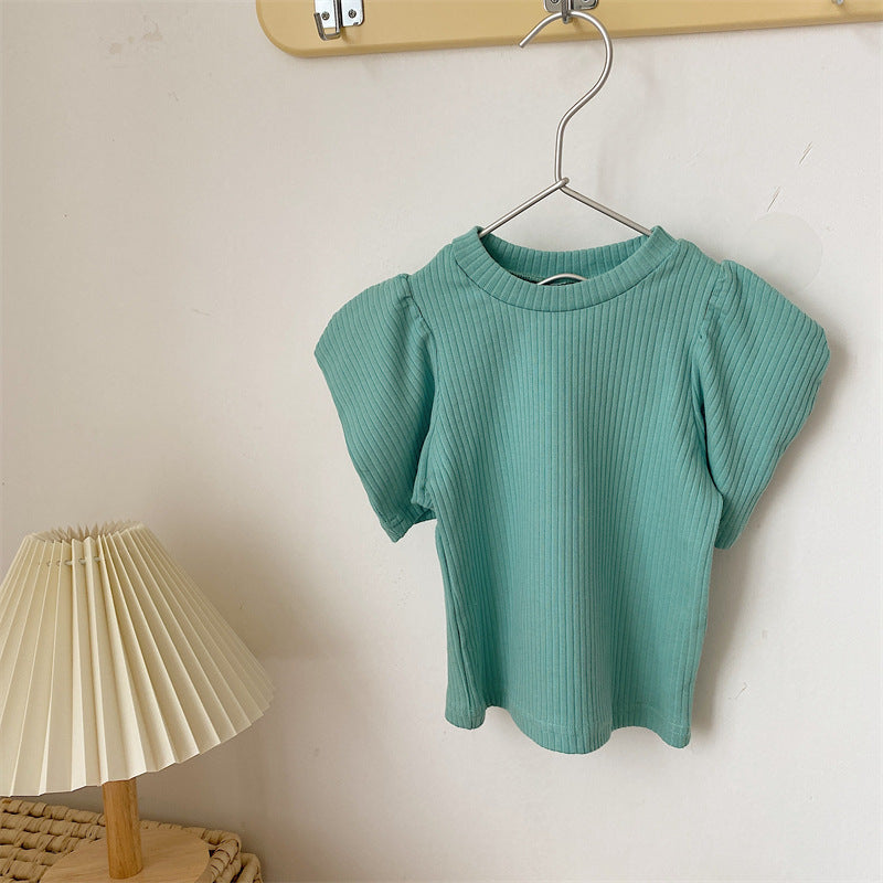 Kids Girls Basic Solid Color Puff Sleeve Round Neck Pit Stripe T-shirt