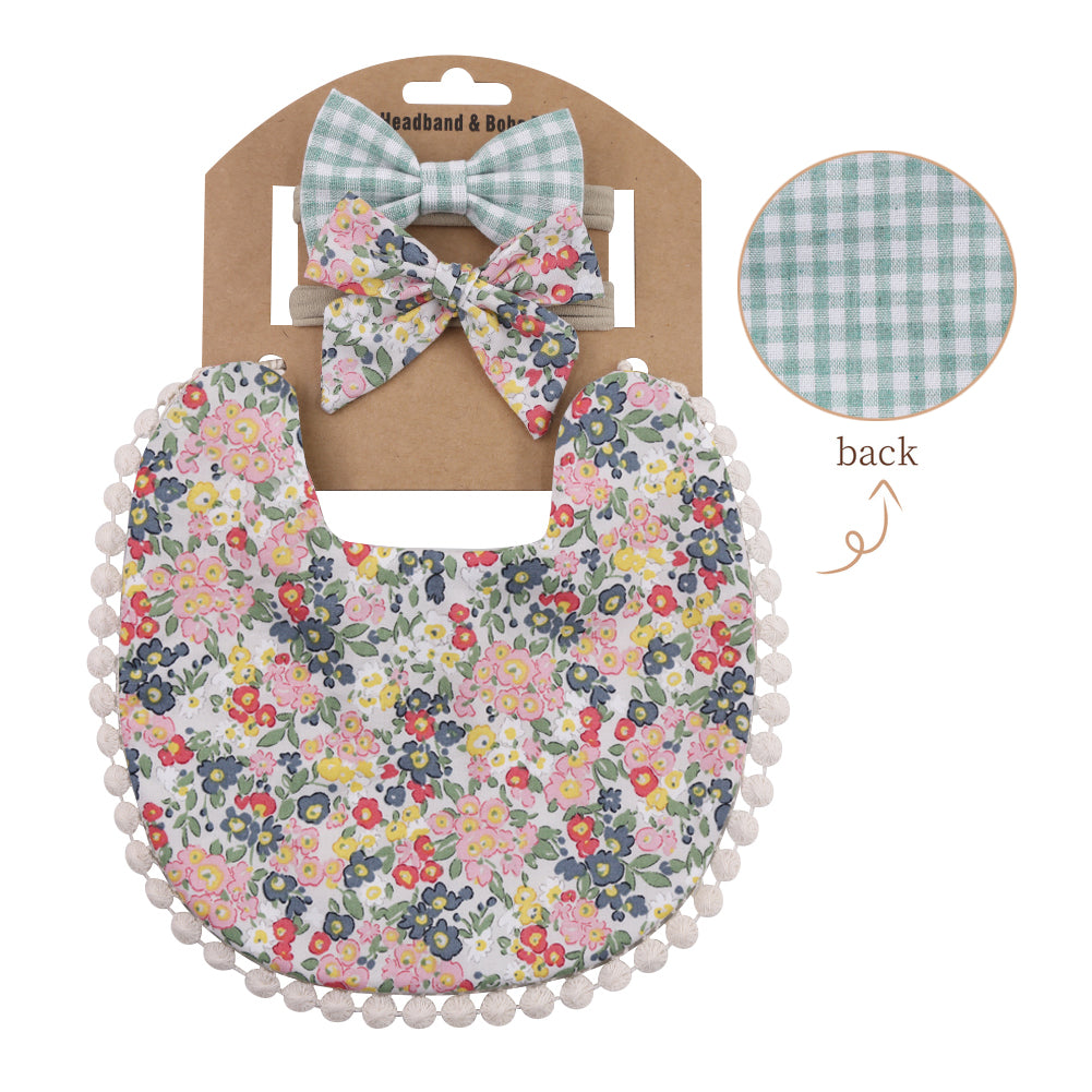 Baby Basic Floral Tassels Bib And Headband Accessories Set