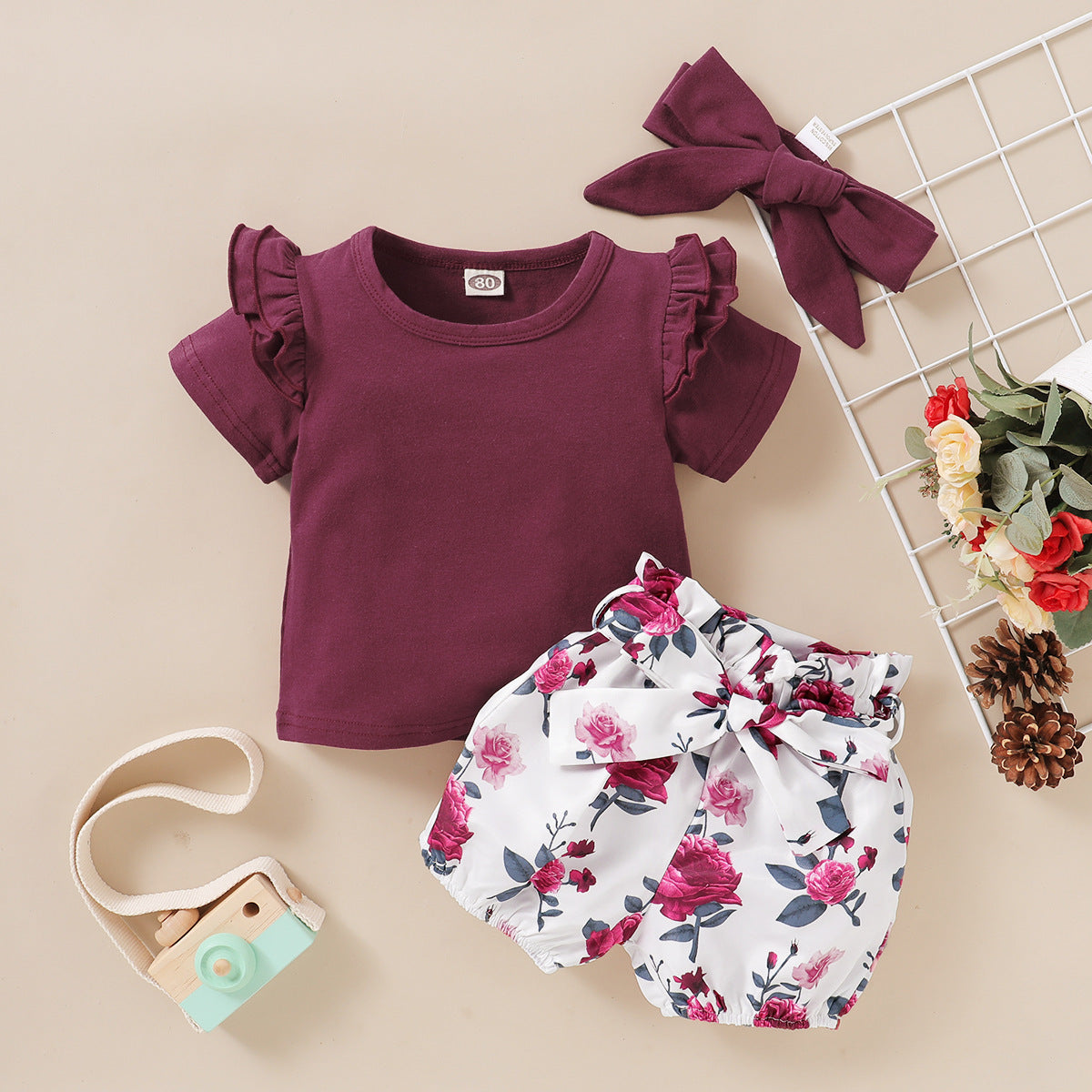 Toddlers Newborn Baby Girls Solid Color Short-Sleeved Top And Flower Shorts Hairband 3pcs Set