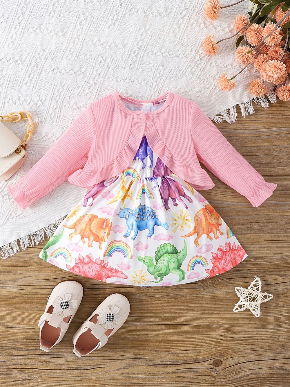 Kids Baby Girls Casual Tiny Flower Print Long Sleeve Cardigan Knitted Top Dress Sets