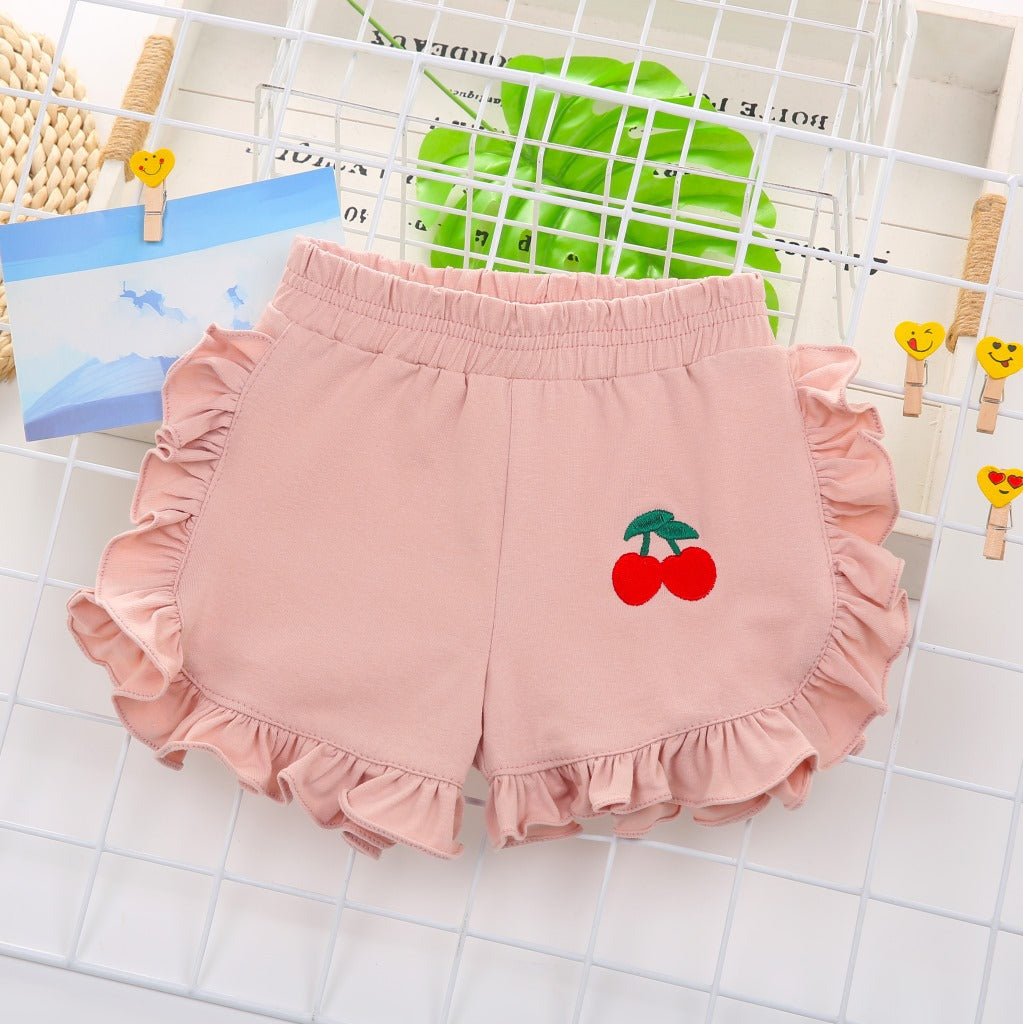 Kids Toddler Girls Fashion Cherry Embroidered Wood Ear Shorts