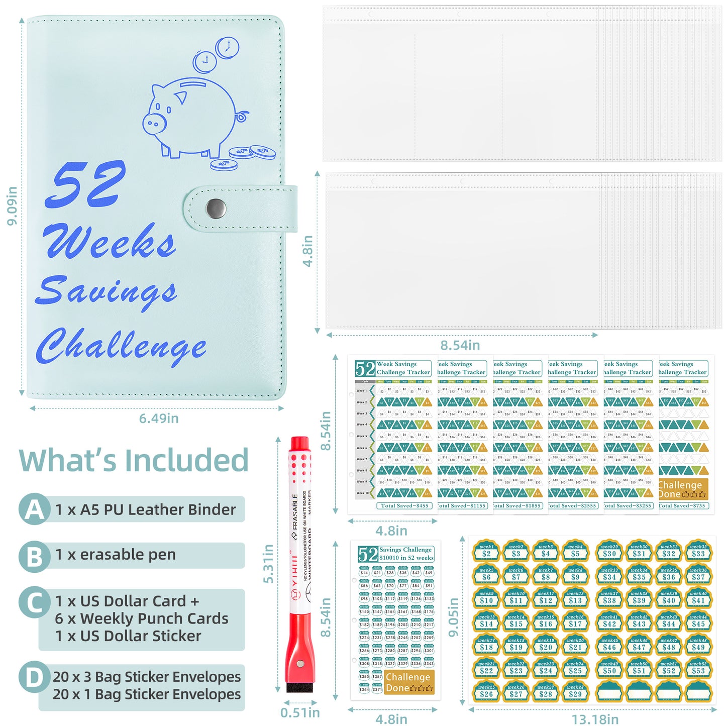 52 Weeks Savings Challenge Loose Paper Book.