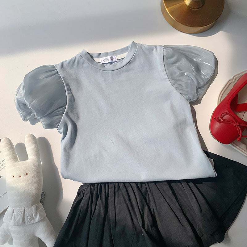 Kids Toddler Girls Casual Cute Solid Color Puff Sleeve Round Neck T-Shirt