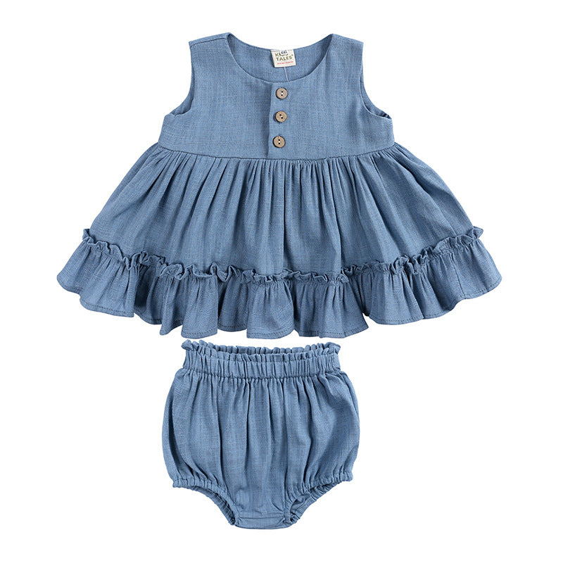 Toddlers Newborn Baby Girls Sleeveless Ruffle Solid Color Top And Shorts 2pcs Set