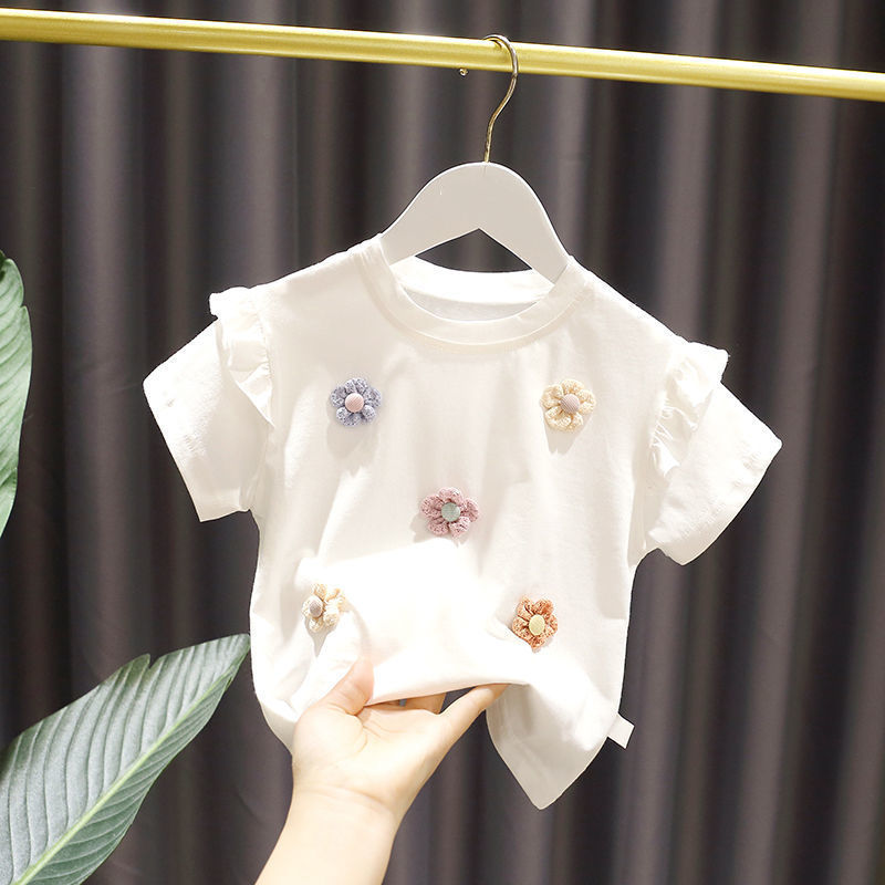 Kids Girls Cute Flower Decor Round Neck Short Sleeve Ruffled T-shirt