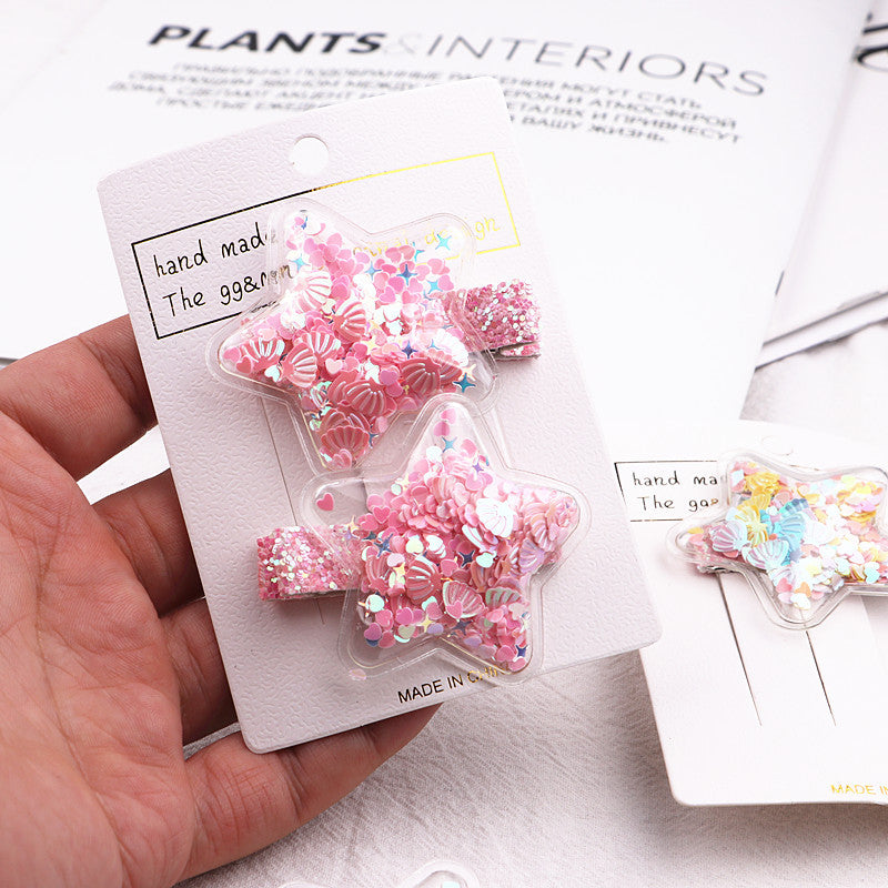 2pcs/set Girls Cute Glitter Star Quicksand Design Hairpin