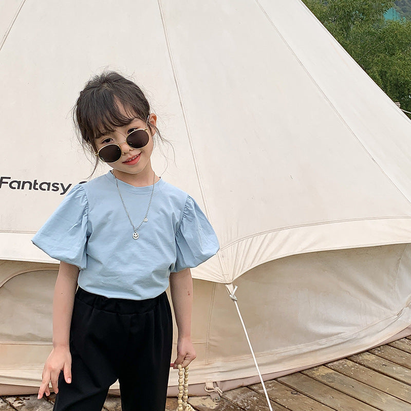 Kids Girls Simple Solid Color Round Neck Puff Sleeve Loose T-shirt