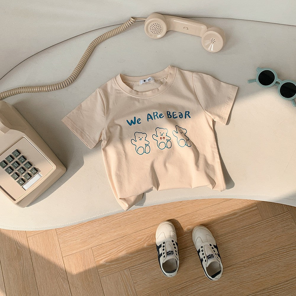Kids Casual Cartoon Bear Letter Pattern Round Neck Short Sleeve Loose T-shirt