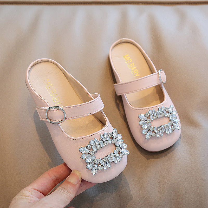 Children Kids Toddlers Fashion Girls Rhinestones Design Slippers Princess Pu Leather Shoes