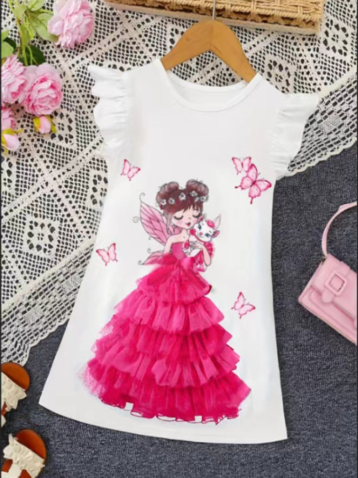 Toddler Girls Cartoon Princess Tulle Dress Printed Round Neck Cap Sleeve White Casual Dress