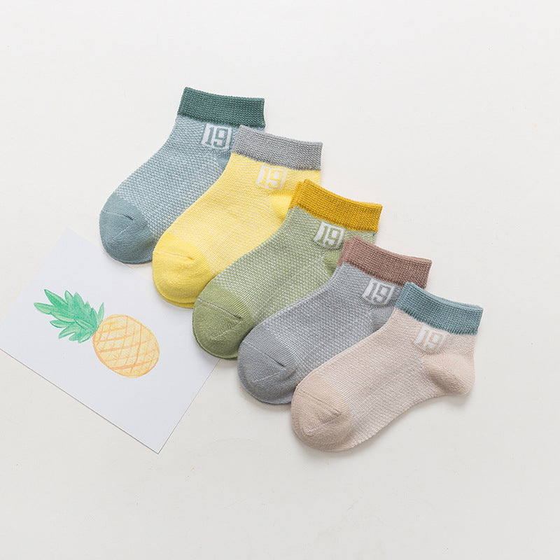 5pairs/set Kids Basic Color Blocking Breathable Socks