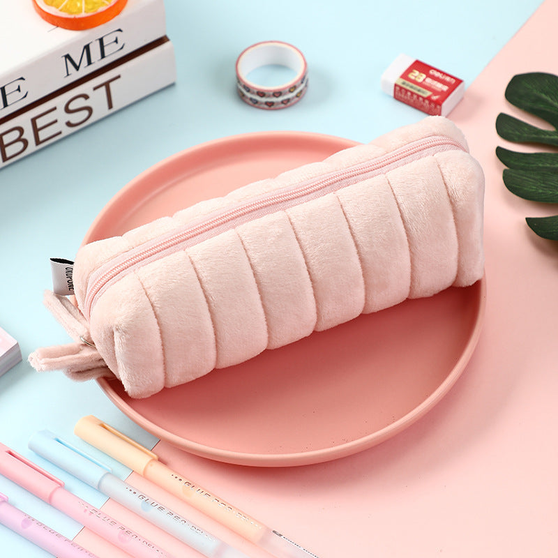 Fashion Solid Color Soft Anti-Fall Large-Capacity Plush Stationery Bag