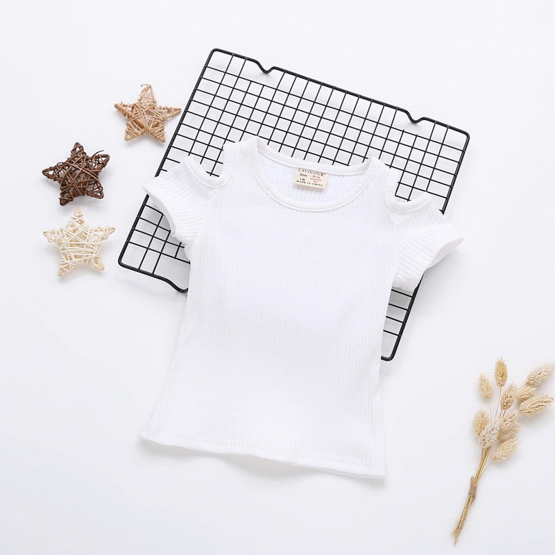 Girls Basic Solid Color Cool-shoulder Round Neck Short Sleeve T-shirt