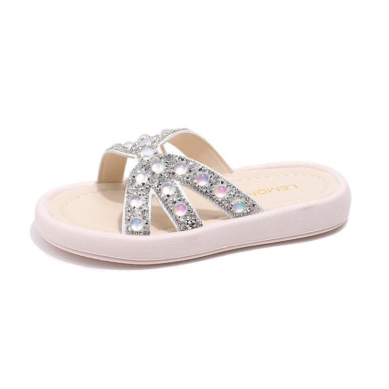 Kids Girls Casual Cute Rhinestone Flat Thick-Soled Slippers