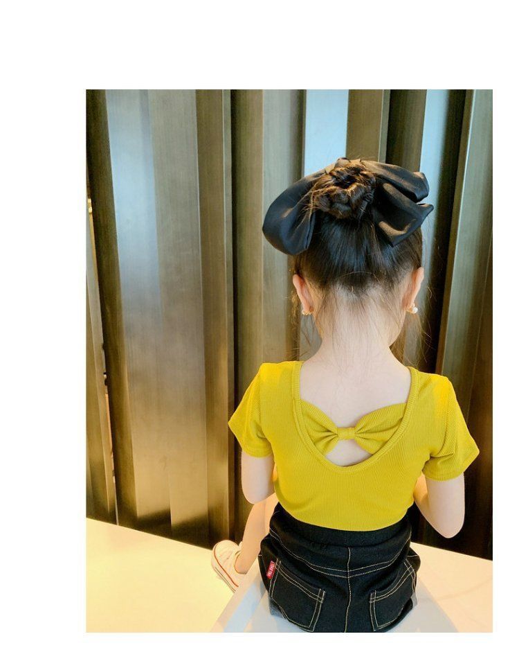Children Kids Baby Fashion Girls Casual Basic Short Sleeve Solid Color Bowknot T-Shirt
