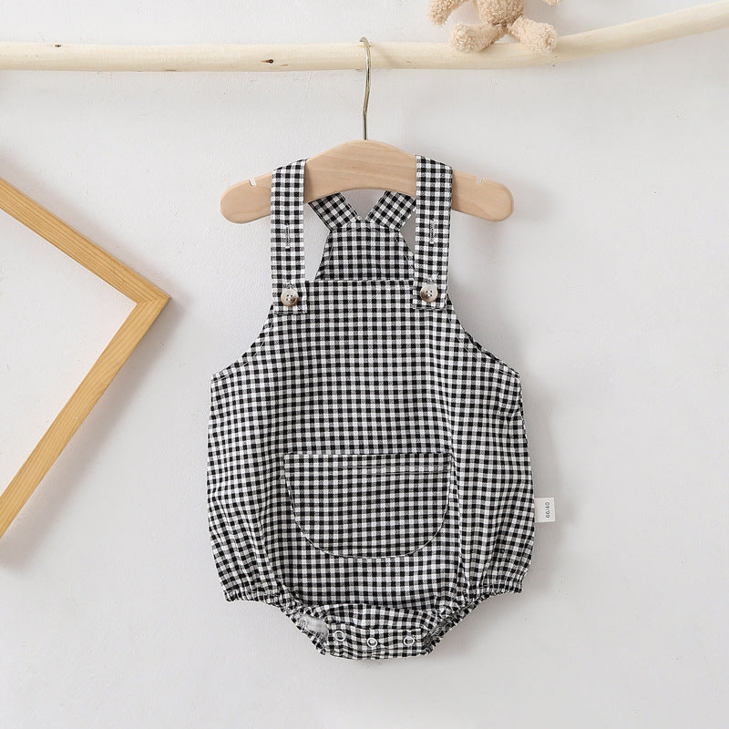 Unisex Babies Soft Denim Check Solid Color Suspenders Romper