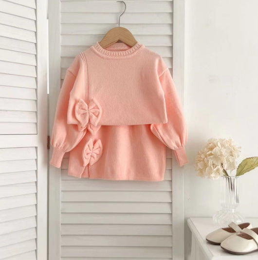 Winter Children Fashion Solid Color Bow Sweater And Skirt Knit Two-Piece Set