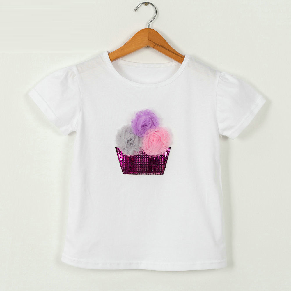 Children Kids Baby Fashion Girls Casual Basic Short Sleeve Sequin Flower T-Shirt