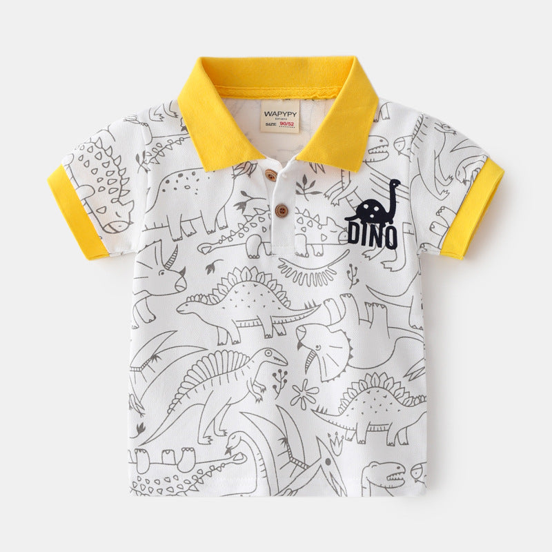 Kids Boys Cute Cartoon Dinosaur Pattern Lapel Short Sleeve T-shirt