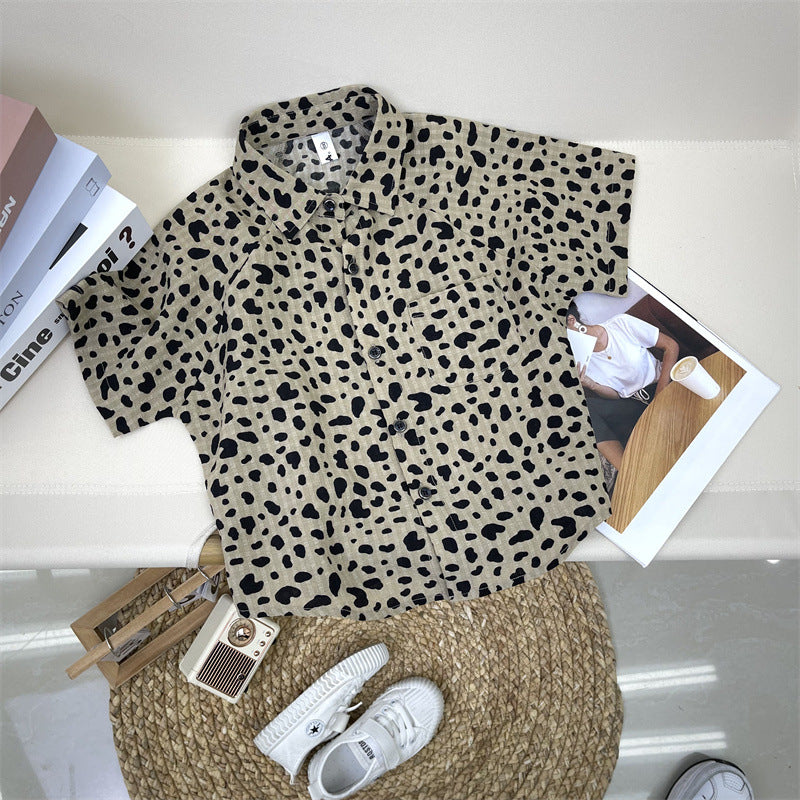 Boy Fashion Casual Leopard Lapel Short-Sleeve Blouse