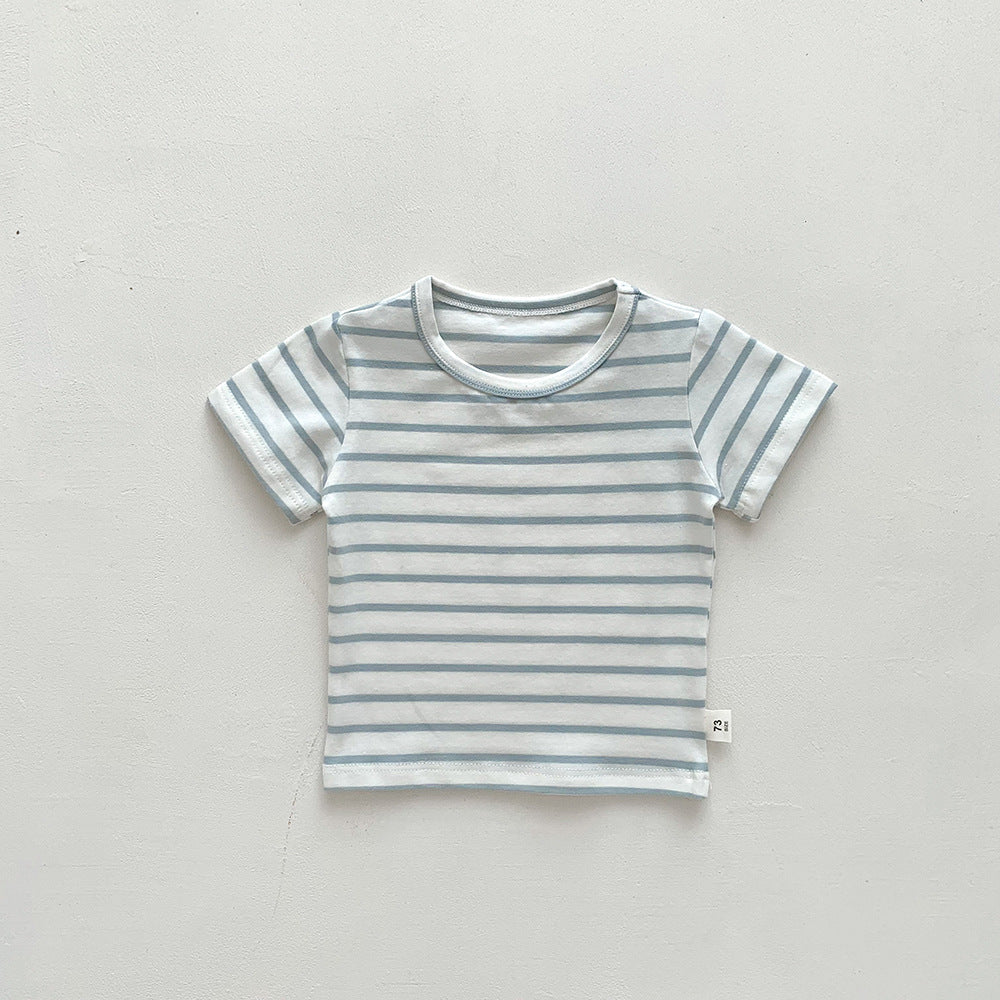 Kids Baby Fashion Casual Solid Color Stripe Cotton Round Neck Short-Sleeve T-Shirt