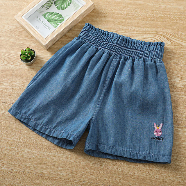 Kids Cute Cartoon Rabbit Fox Letter Embroidery Denim Casual Shorts