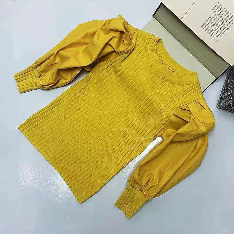 Kids Toddler Girls Fashion Casual Solid Color Rib-Knit Puff Sleeve T-Shirt