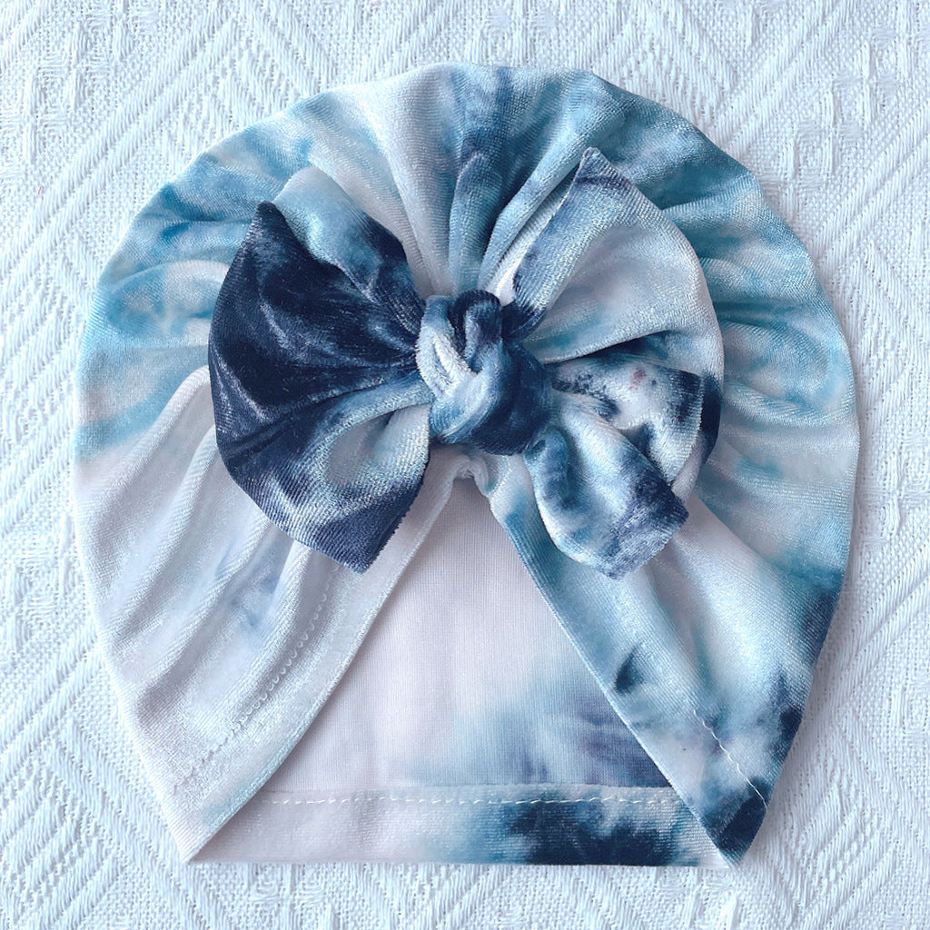 Toddlers Newborn Baby Velvet Tie-Dye Bow Turban Cap