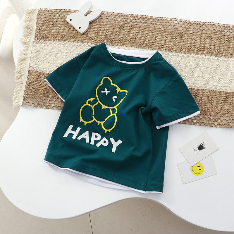 Kids Toddler Big Boys Girls Bear Cute Cartoon Print Short Sleeve Round Neck T-Shirt