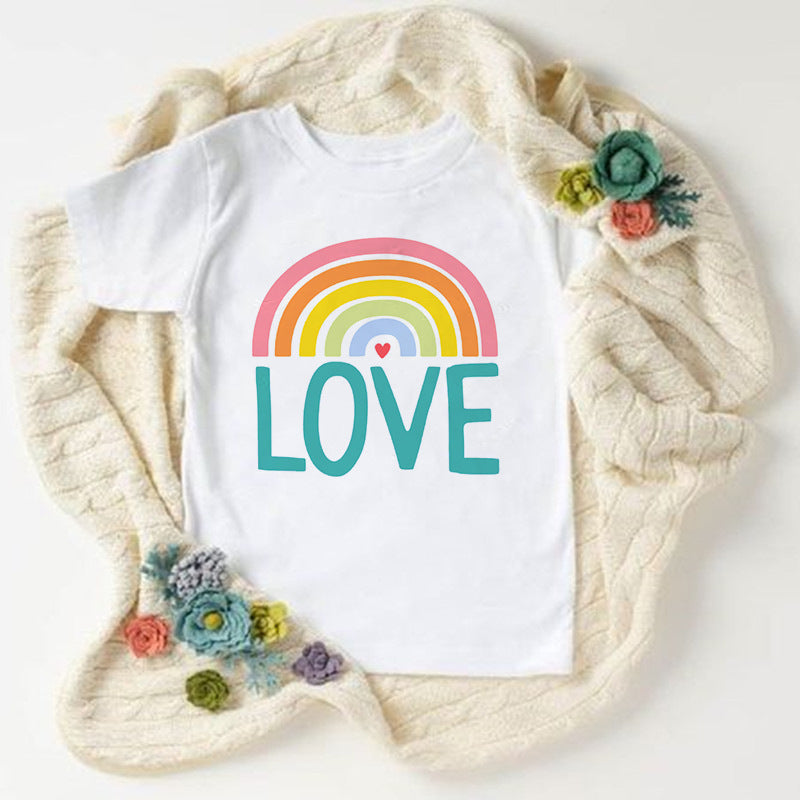 Children Kids Baby Fashion Girls Boys Basic Casual Rainbow I Love You Print Short Sleeve T-Shirt