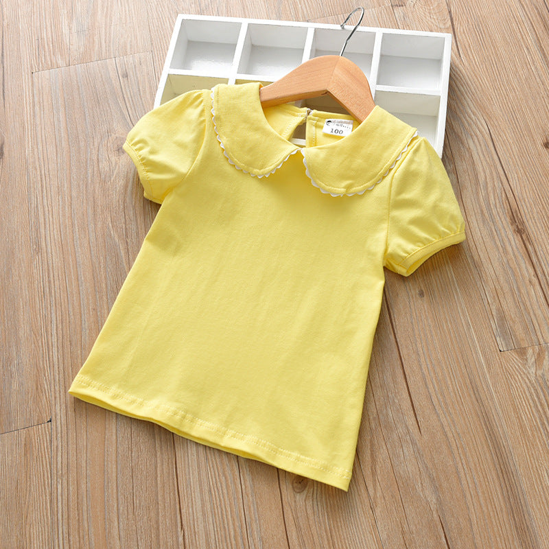 Kids Girls Basic Solid Color Doll Collar Short Sleeve T-shirt