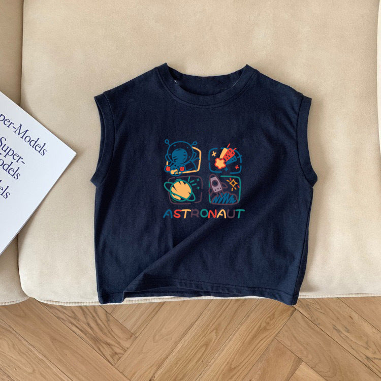 Kids Toddler Girls Boys Summer Basic Cotton Space Cartoon Sleeveless Round Neck T-Shirt