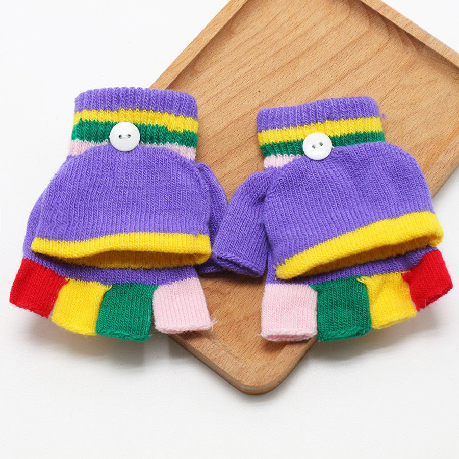 Kids Unisex Fall Winter Casual Cute Cartoon Fleeces Half Finger Clamshell Gloves