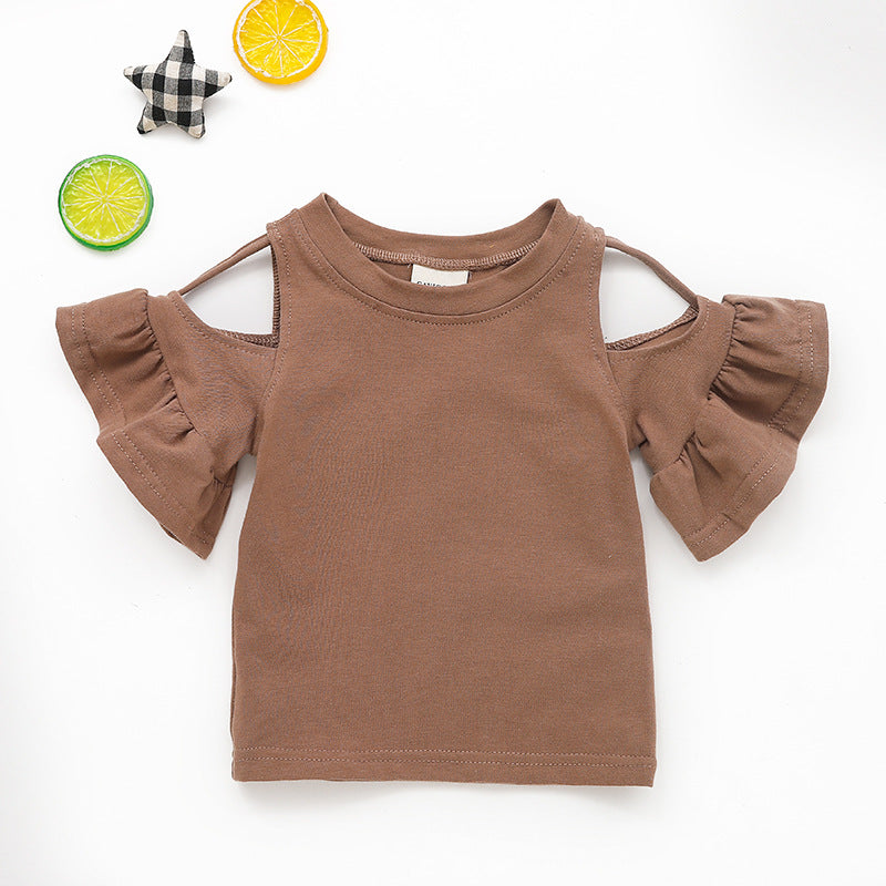 Baby Girls Simple Round Neck Short Sleeve Solid Color Cut Out Ruffled T-shirt