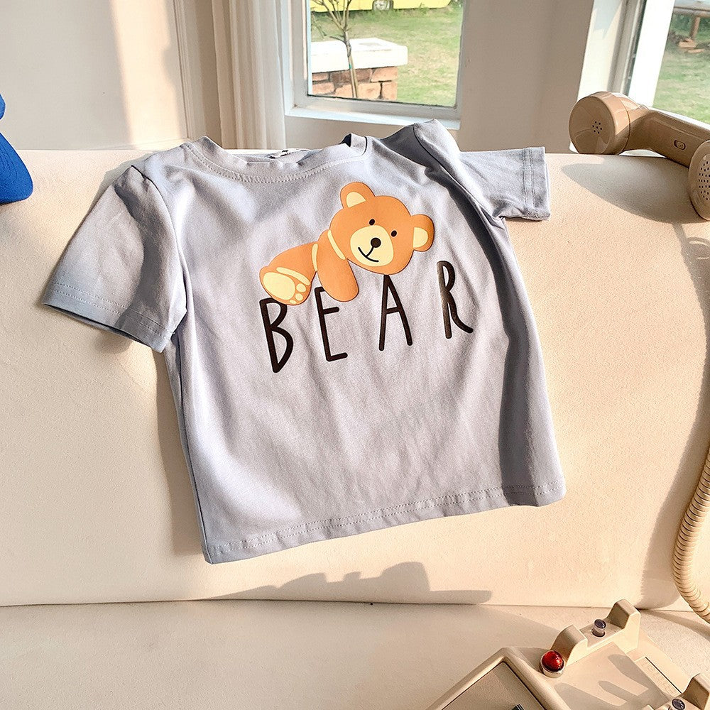 Kids Casual Cartoon Bear Letter Pattern Round Neck Short Sleeve Loose T-shirt