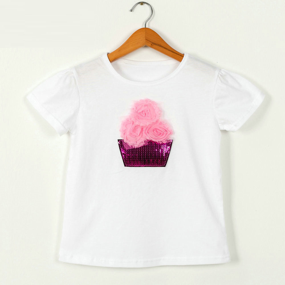 Children Kids Baby Fashion Girls Casual Basic Short Sleeve Sequin Flower T-Shirt
