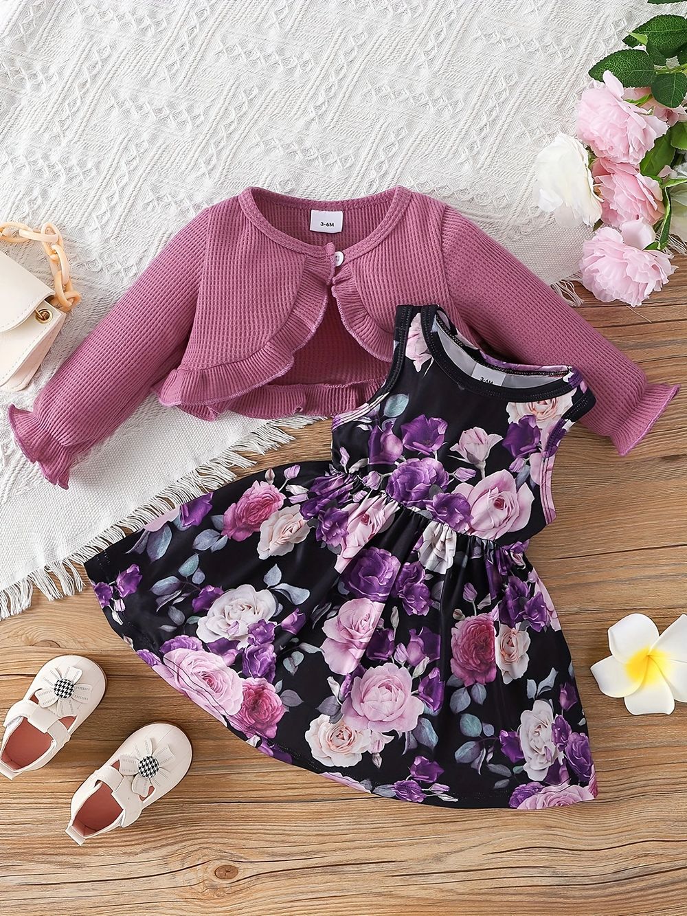 Kids Baby Girls Casual Tiny Flower Print Long Sleeve Cardigan Knitted Top Dress Sets