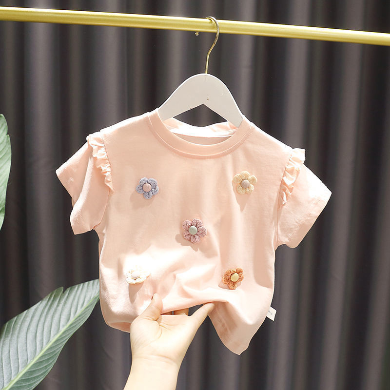 Kids Girls Cute Flower Decor Round Neck Short Sleeve Ruffled T-shirt