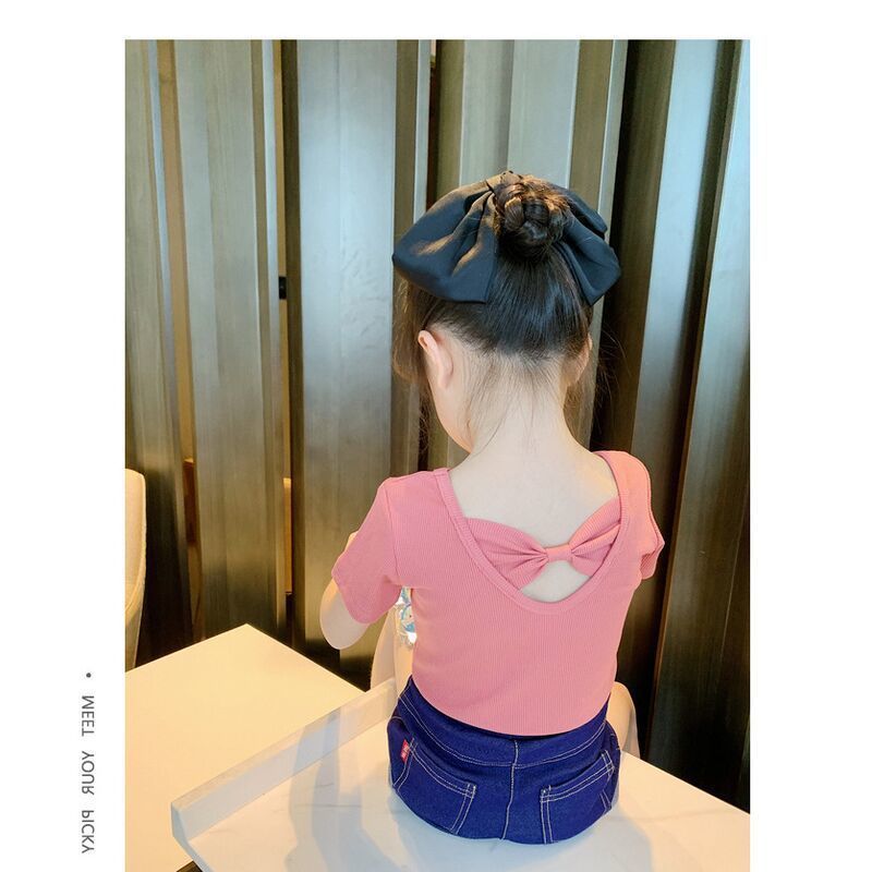 Children Kids Baby Fashion Girls Casual Basic Short Sleeve Solid Color Bowknot T-Shirt