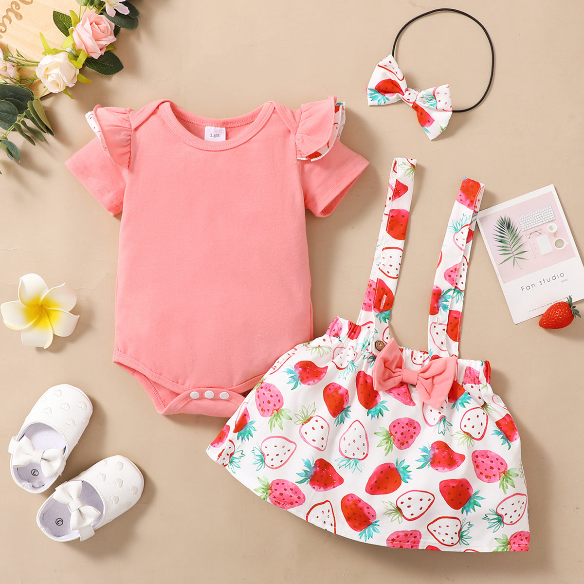 Toddlers Newborn Baby Girls Solid Color Short Sleeves Bodysuit And Fruit Print Strap Skirt Set