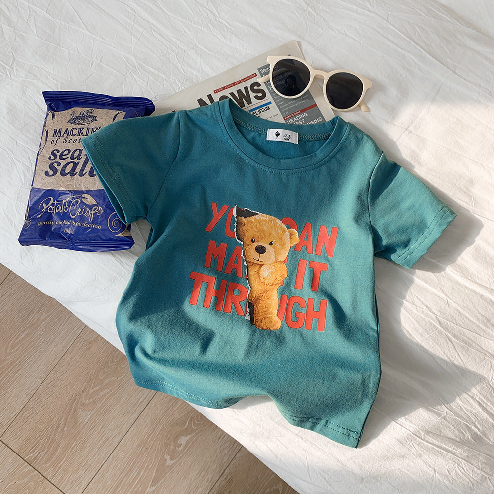 Kids Casual Round Neck Short Sleeve Cartoon Bear Letter Pattern Loose T-shirt