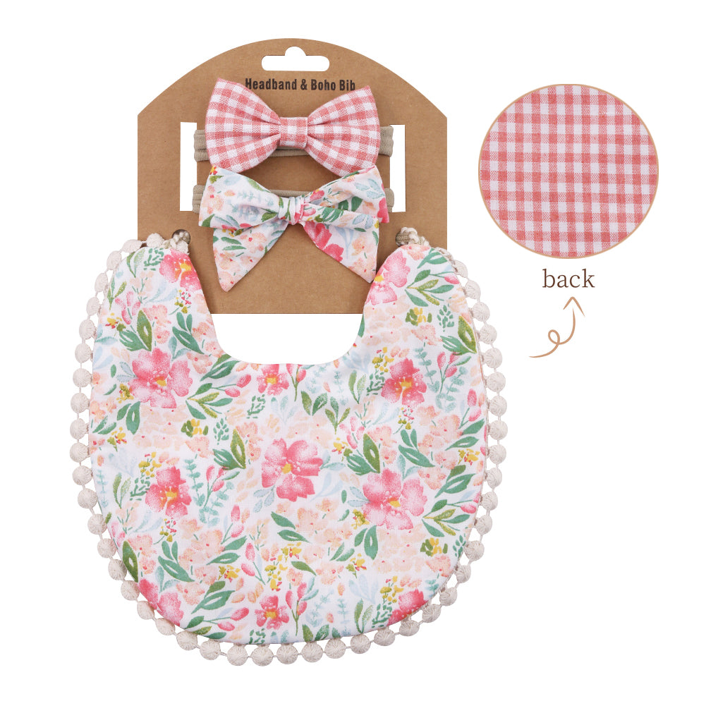 Baby Basic Floral Tassels Bib And Headband Accessories Set